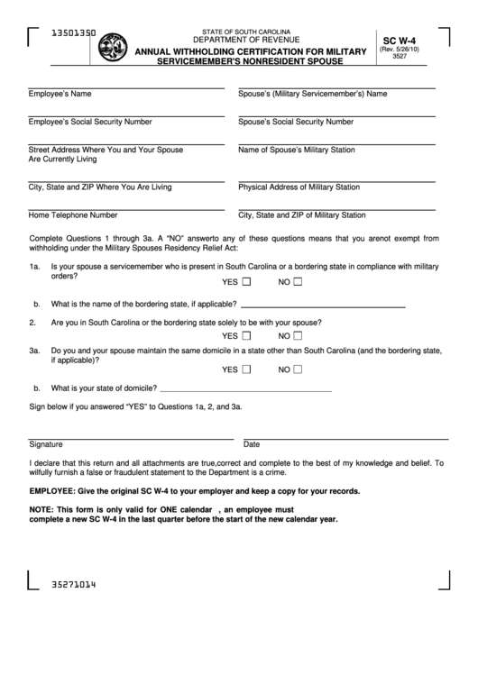 Form Sc W-4 - Annual Withholding Certification For Military Servicemember