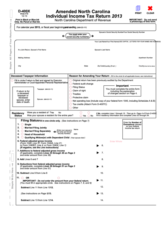 Fillable Form D-400x - Amended North Carolina Individual Income Tax Return - 2013 Printable pdf