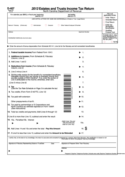 Fillable Form D-407 - Estates And Trusts Income Tax Return - 2013 Printable pdf