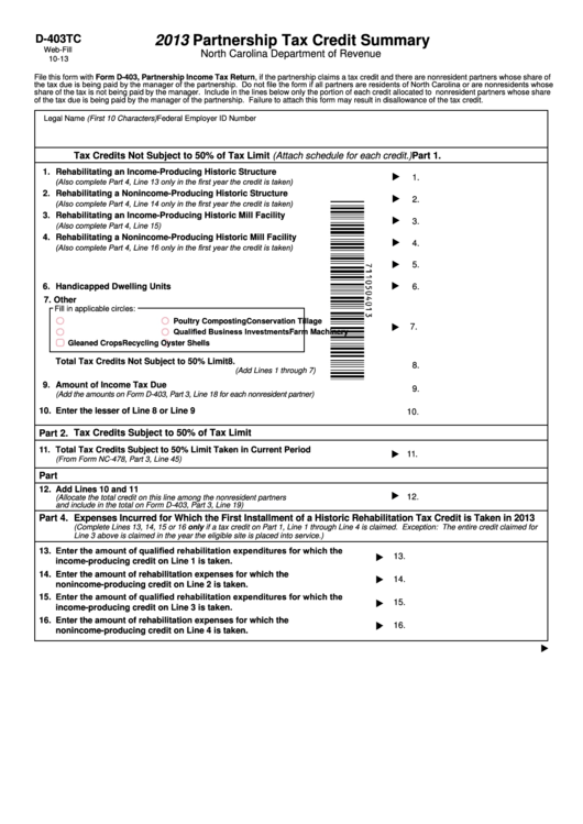 Fillable Form D-403tc - Partnership Tax Credit Summary - 2013 Printable pdf