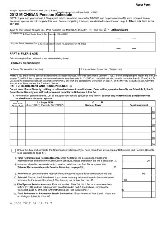 Fillable Form 4884 - Michigan Pension Schedule - 2012 Printable pdf