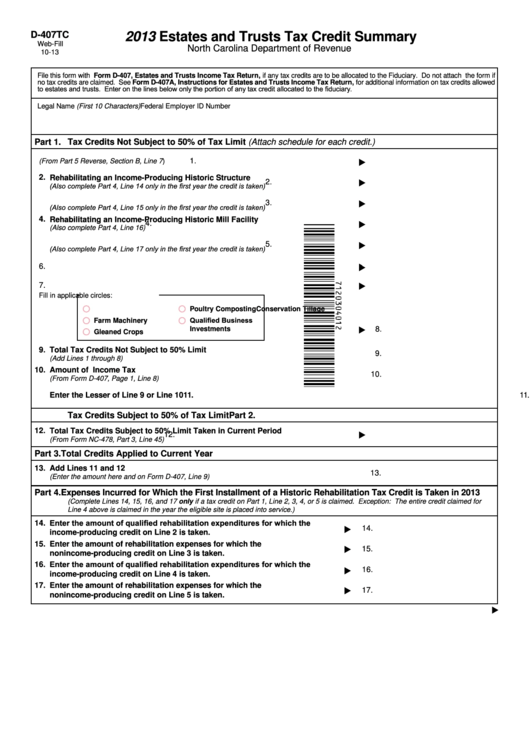 Fillable Form D-407tc - Estates And Trusts Tax Credit Summary - 2013 Printable pdf