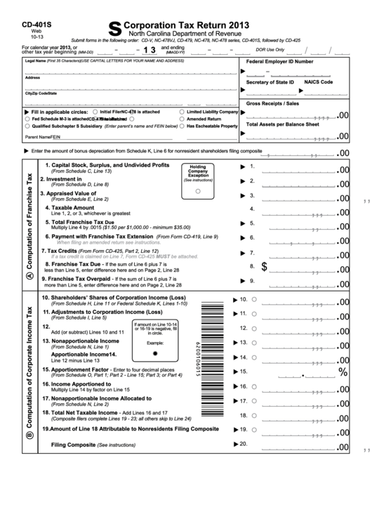 Form Cd-401s - S Corporation Tax Return - 2013 Printable pdf