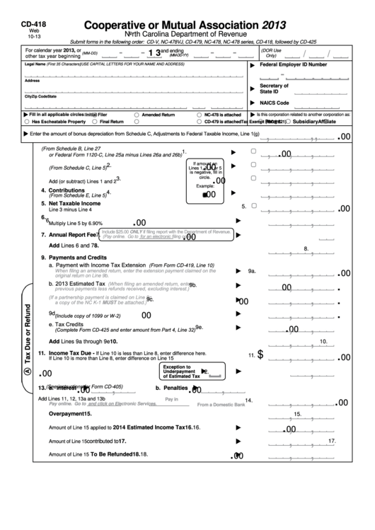 Fillable Form Cd-418 - Cooperative Or Mutual Association - 2013 Printable pdf