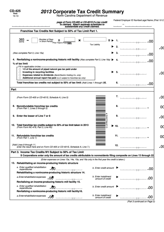 Fillable Form Cd-425 - Corporate Tax Credit Summary - 2013 printable ...