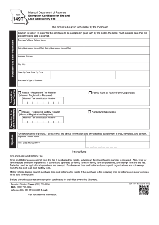 Fillable Form 149t - Exemption Certificate For Tire And Lead-Acid Battery Fee Printable pdf