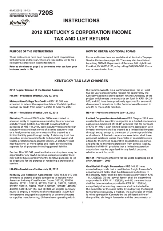 Form 41a720s(I) - Kentucky S Corporation Income Tax And Llet Return - 2012 Printable pdf