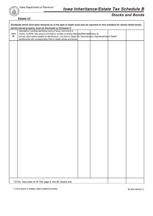 Form 60-003 - Iowa Inheritance/estate Tax Schedule B Stocks And Bonds Printable pdf