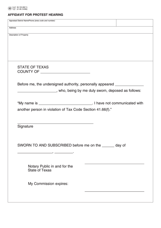 Fillable Form 50-133 - Affidavit For Protest Hearing Printable pdf