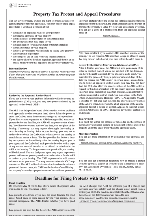Fillable Form 50-195 - Property Tax Protest And Appeal Procedures Printable pdf