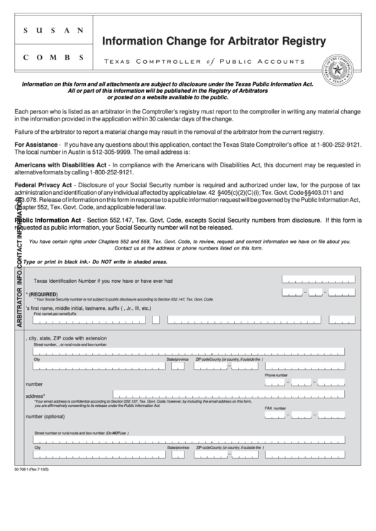 Fillable Form 50-708 - Information Change For Arbitrator Registry Printable pdf