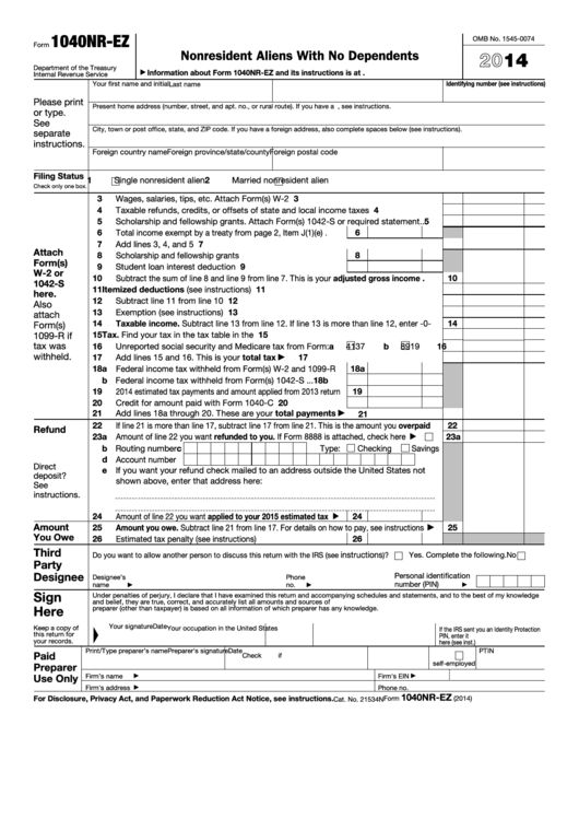 Fillable 1040nr-Ez - U.s. Income Tax Return For Certain Nonresident Aliens With No Dependents - 2014 Printable pdf