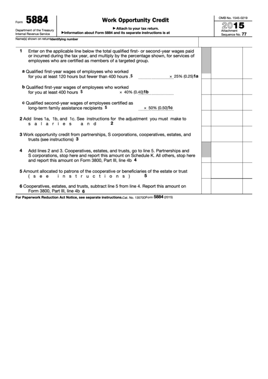 Fillable Form 5884 - Work Opportunity Credit - 2015 Printable pdf