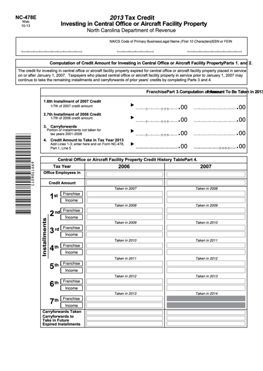 Fillable Form Nc-478e - Tax Credit Investing In Central Office Or Aircraft Facility Property - 2013 Printable pdf