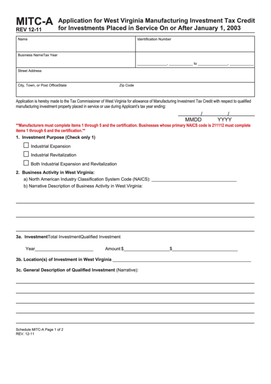 Fillable Form Mitc-A - Application For West Virginia Manufacturing Investment Tax Credit For Investments Placed In Service On Or After January 1, 2003 Printable pdf