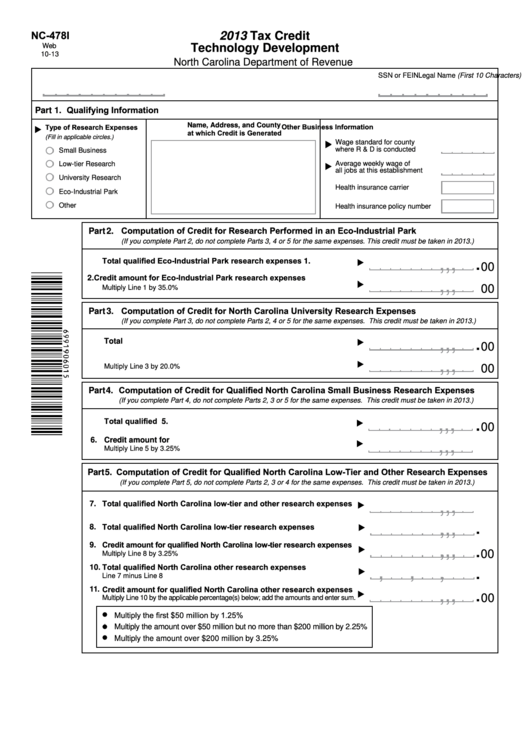 Fillable Form Nc-478i - Tax Credit Technology Development - 2013 Printable pdf