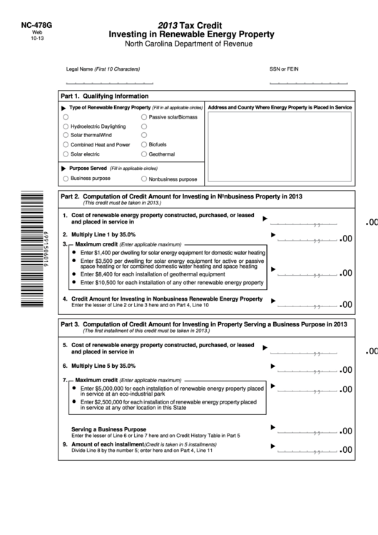 Fillable Form Nc-478g - Tax Credit Investing In Renewable Energy Property - 2013 Printable pdf