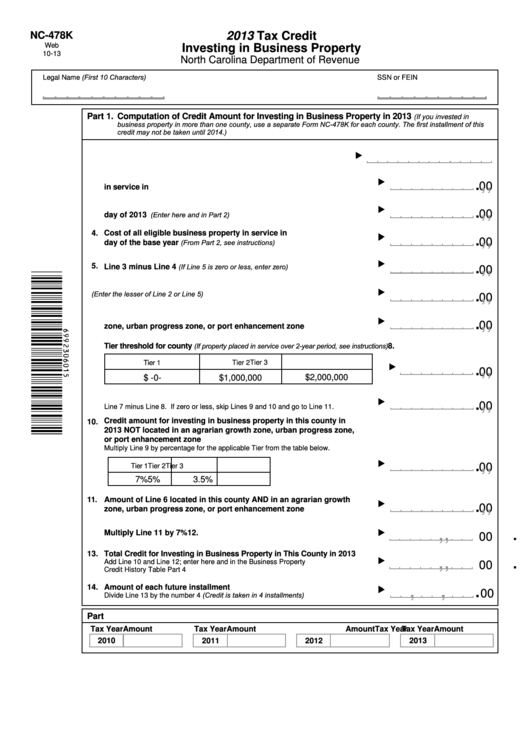 Fillable Form Nc-478k - Tax Credit Investing In Business Property - 2013 Printable pdf