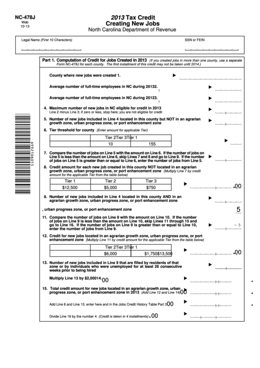 Fillable Form Nc-478j - Tax Credit Creating New Jobs - 2013 Printable pdf
