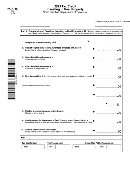 Fillable Form Nc-478l - Tax Credit Investing In Real Property - 2013 Printable pdf