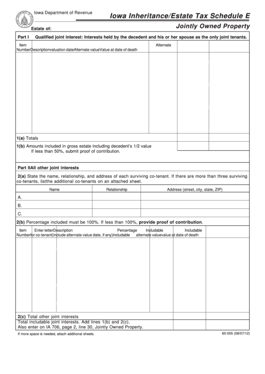 Form 60-005 - Iowa Inheritance/estate Tax Schedule E Jointly Owned Property Printable pdf