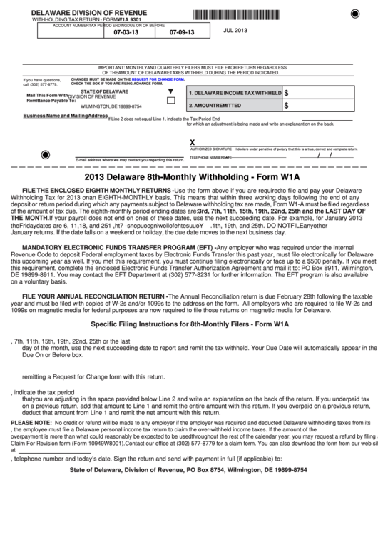 Fillable Form W1a - Delaware 8th-Monthly Withholding - 2013 Printable pdf