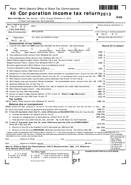 Fillable Form 40 - Corporation Income Tax Return - 2013 Printable pdf