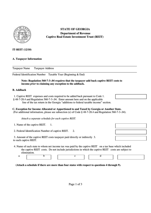 Form It-Reit - Captive Real Estate Investment Trust (Reit) Printable pdf