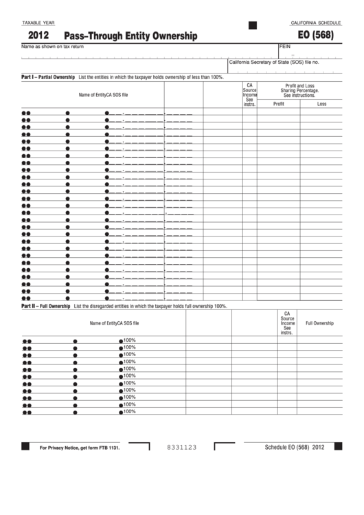 Fillable California Schedule Eo (568) - Pass-Through Entity Ownership - 2012 Printable pdf