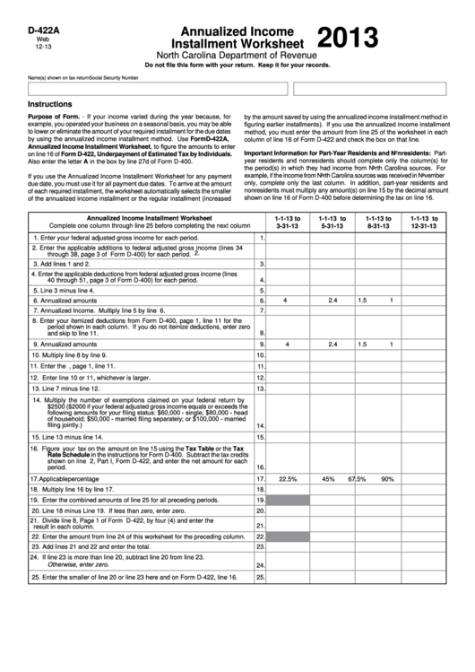 Fillable Form D-422a - Annualized Income Installment Worksheet - 2013 Printable pdf