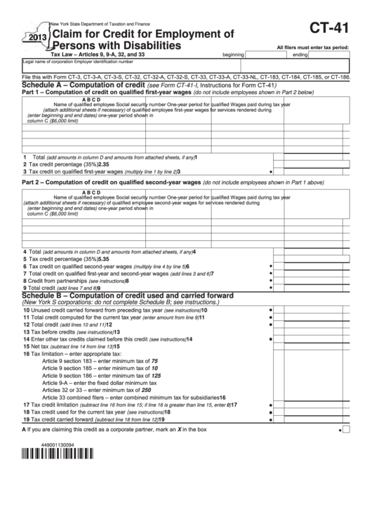 Form Ct-41 - Claim For Credit For Employment Of Persons With Disabilities - 2013 Printable pdf