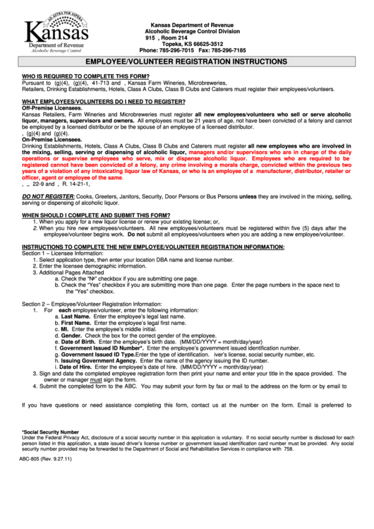 Form Abc-805 - Employee/volunteer Registration Instructions Printable pdf