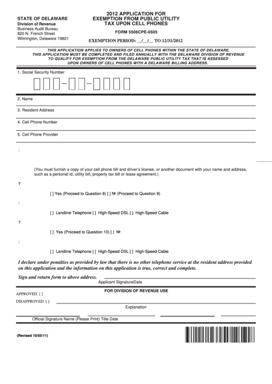 Fillable Form 5506cpe-0505 - Application For Exemption From Public Utility Tax Upon Cell Phones - 2012 Printable pdf