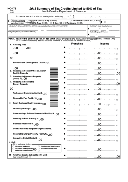 Fillable Form Nc-478 - Summary Of Tax Credits Limited To 50% Of Tax - 2013 Printable pdf