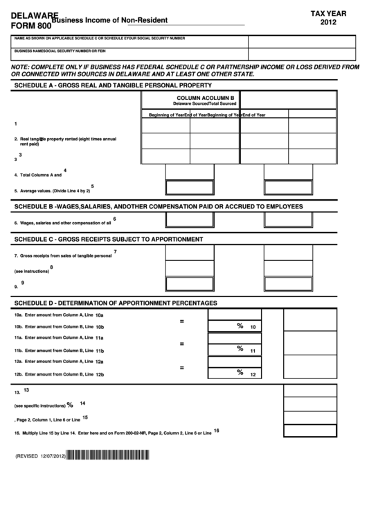 Fillable Delaware Form 800 - Business Income Of Non-Resident - 2012 Printable pdf
