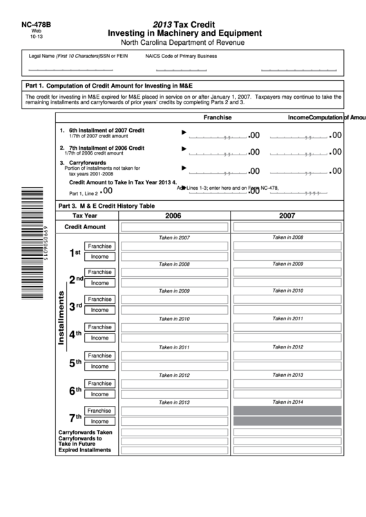 Fillable Form Nc-478b - Tax Credit Investing In Machinery And Equipment - 2013 Printable pdf