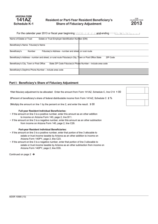 Fillable Arizona Form 141az - Schedule K-1 - Resident Or Part-Year Resident Beneficiary