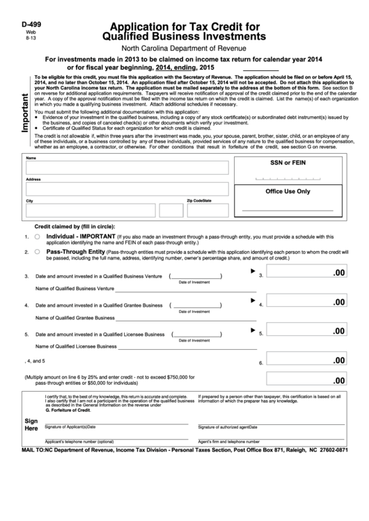 Fillable Form D-499 - Application For Tax Credit For Qualified Business Investments Printable pdf