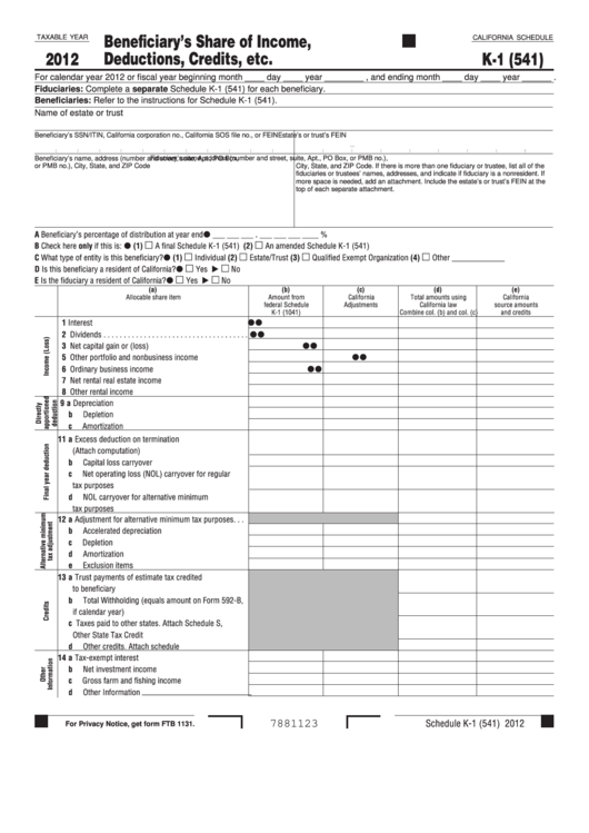 Fillable California Schedule K1 (541) Beneficiary'S Share Of