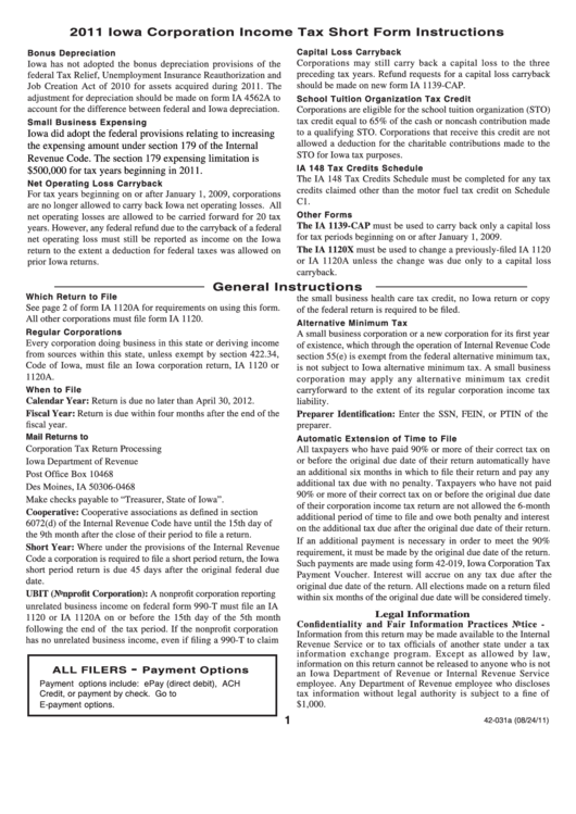 Instructions For Form Ia 1120a - Iowa Corporation Income Tax Return - Short Form - 2011 Printable pdf