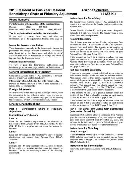 Instructions For Arizona Schedule 141az K-1 - 2013 Printable pdf