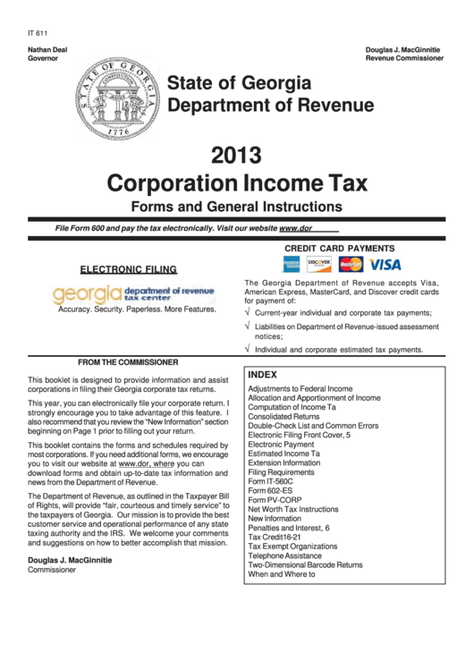 Form It 611 - Corporation Income Tax Forms And General Instructions - 2013 Printable pdf