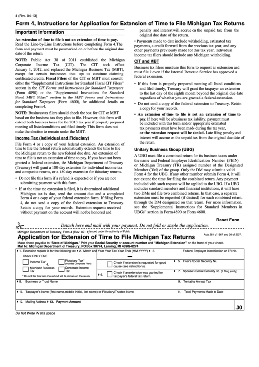 Fillable Form 4 - Application For Extension Of Time To File Michigan Tax Returns Printable pdf