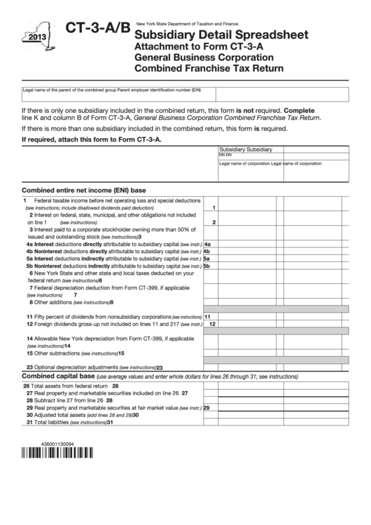 Form Ct-3-A/b - Subsidiary Detail Spreadsheet - 2013 Printable pdf