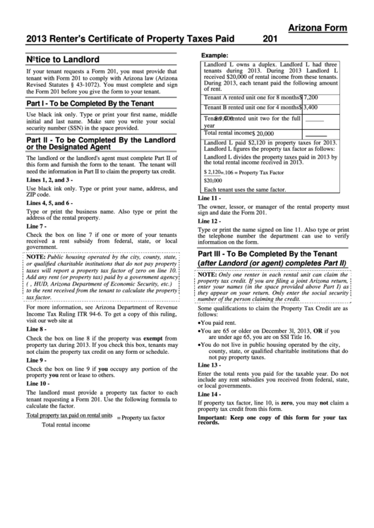 Instructions For Arizona Form 201 - 2013 Printable pdf