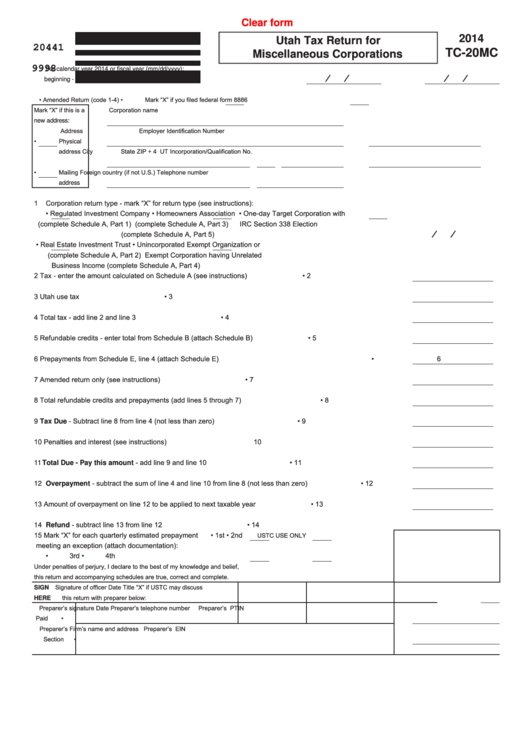 Fillable Form Tc-20mc - Utah Tax Return For Miscellaneous Corporations - 2014 Printable pdf