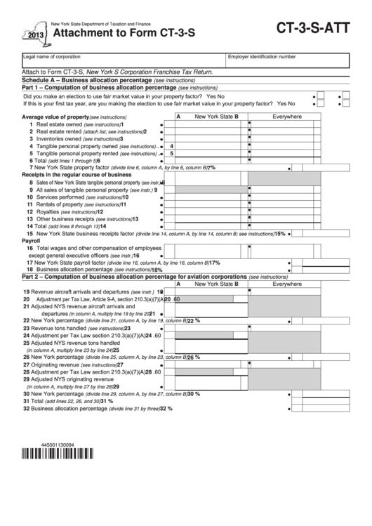 Form Ct-3-S-Att - Attachment To Form Ct-3-S - 2013 Printable pdf
