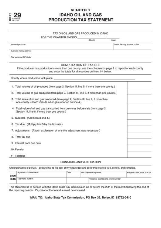 Fillable Form 29 - Quarterly Idaho Oil And Gas Production Tax Statement Printable pdf