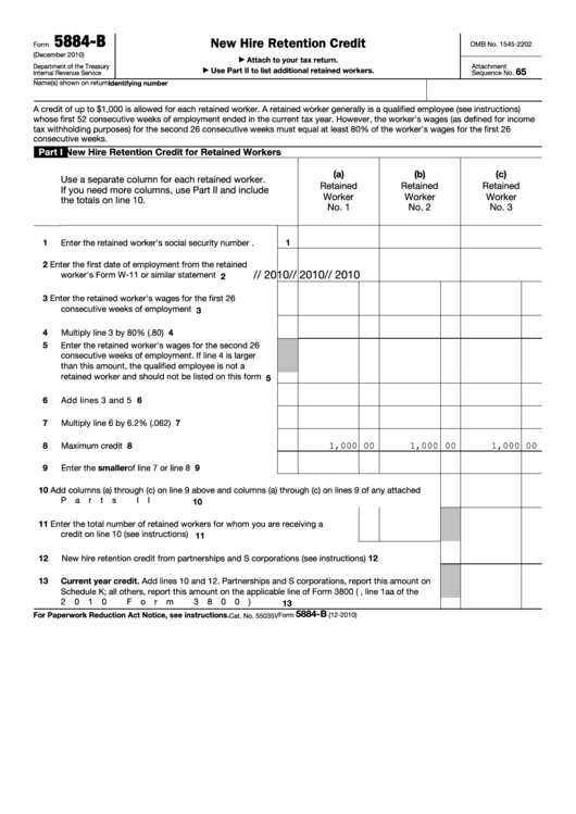 Fillable Form 5884-B - New Hire Retention Credit Printable pdf