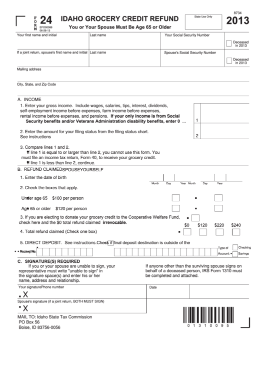 Fillable Form 24 - Idaho Grocery Credit Refund - 2013 Printable pdf